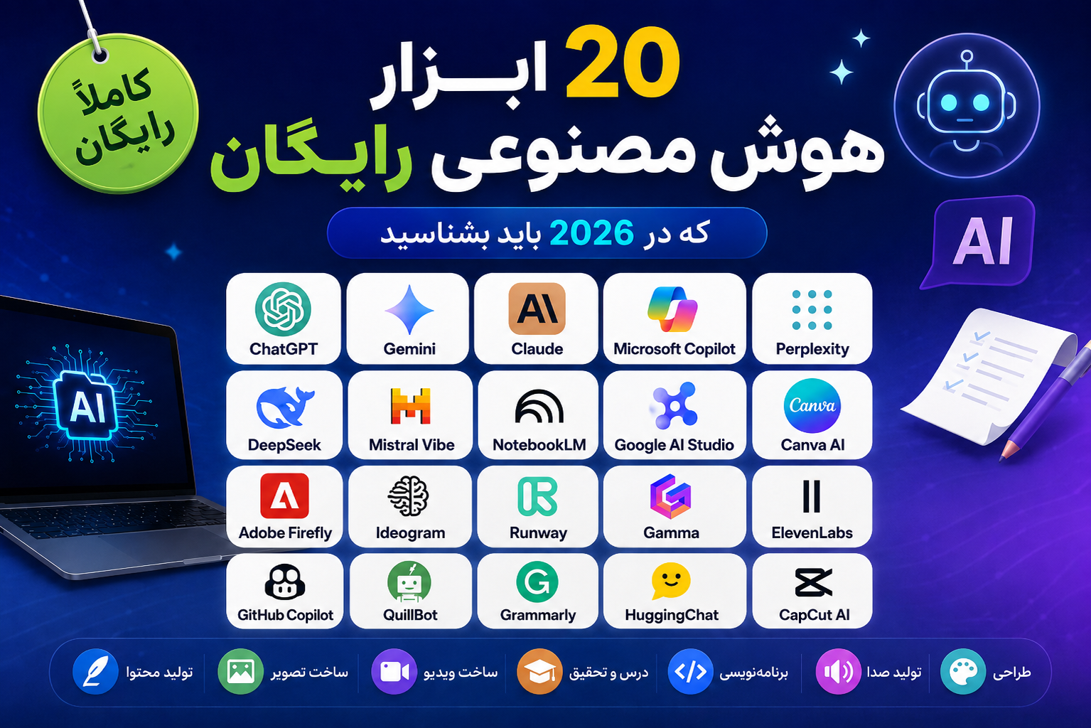 20 ابزار هوش مصنوعی رایگان که در 2026 باید بشناسید